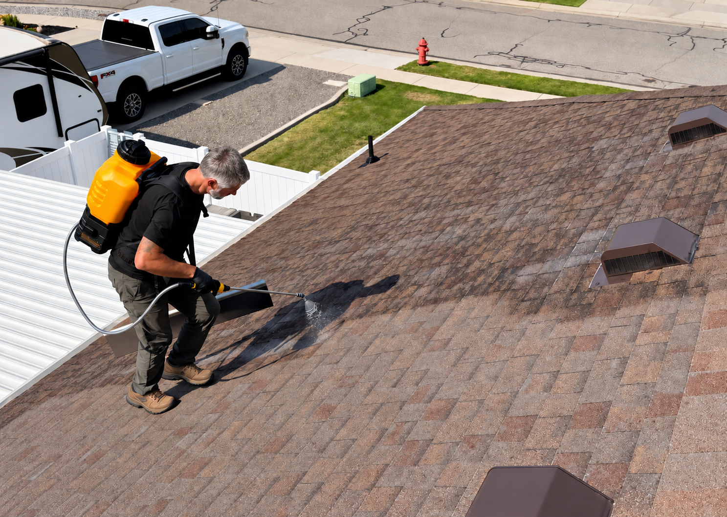Roof specialist applying a soy-based rejuvenation treatment to asphalt shingles